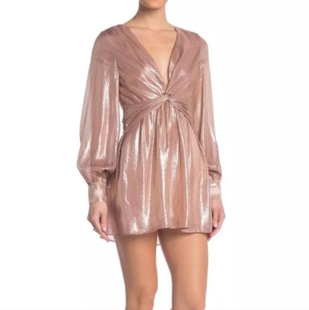 Ramy Brook Silk Elise Metallic Blush Pink Long Sleeve Party Dress Size 10